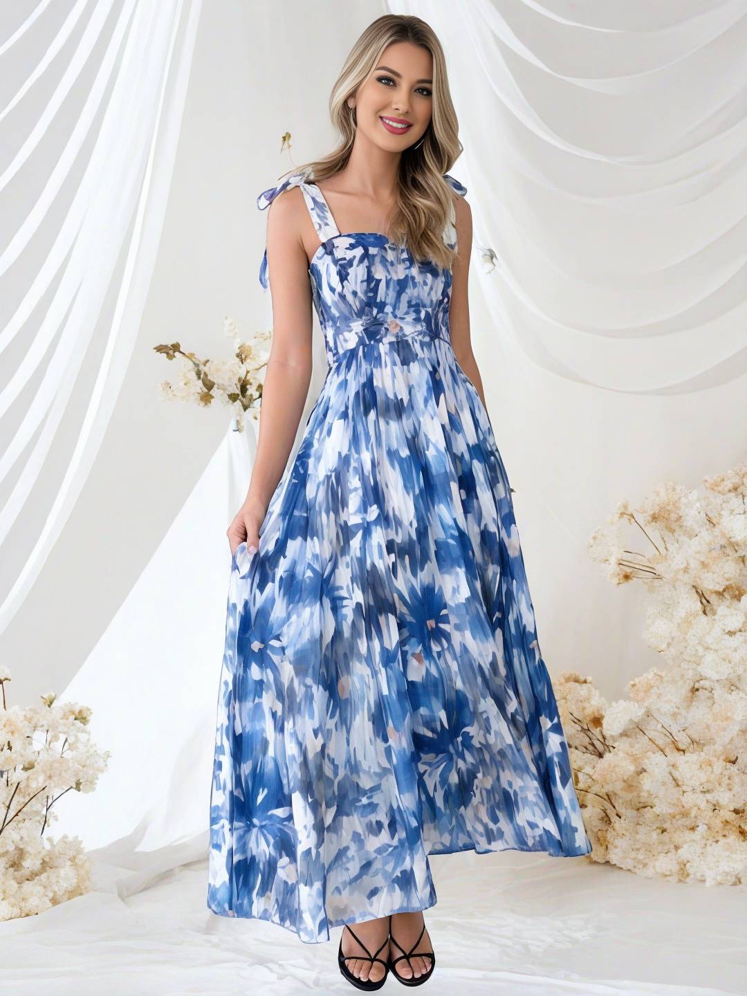 Cocolii robe bohème robe longue imprimé à fleurie à volantée fluide nœud à fines brides casual doux décontracté femme robe de plage