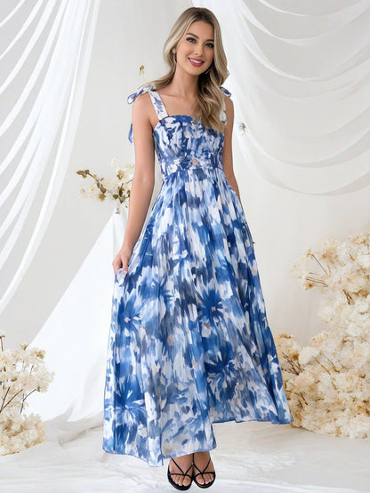 Cocolii robe bohème robe longue imprimé à fleurie à volantée fluide nœud à fines brides casual doux décontracté femme robe de plage