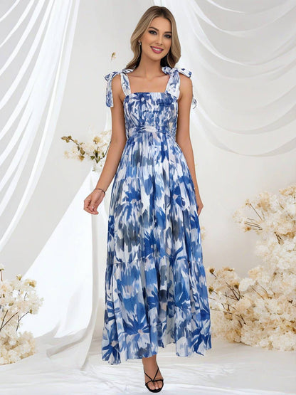 Cocolii robe bohème robe longue imprimé à fleurie à volantée fluide nœud à fines brides casual doux décontracté femme robe de plage