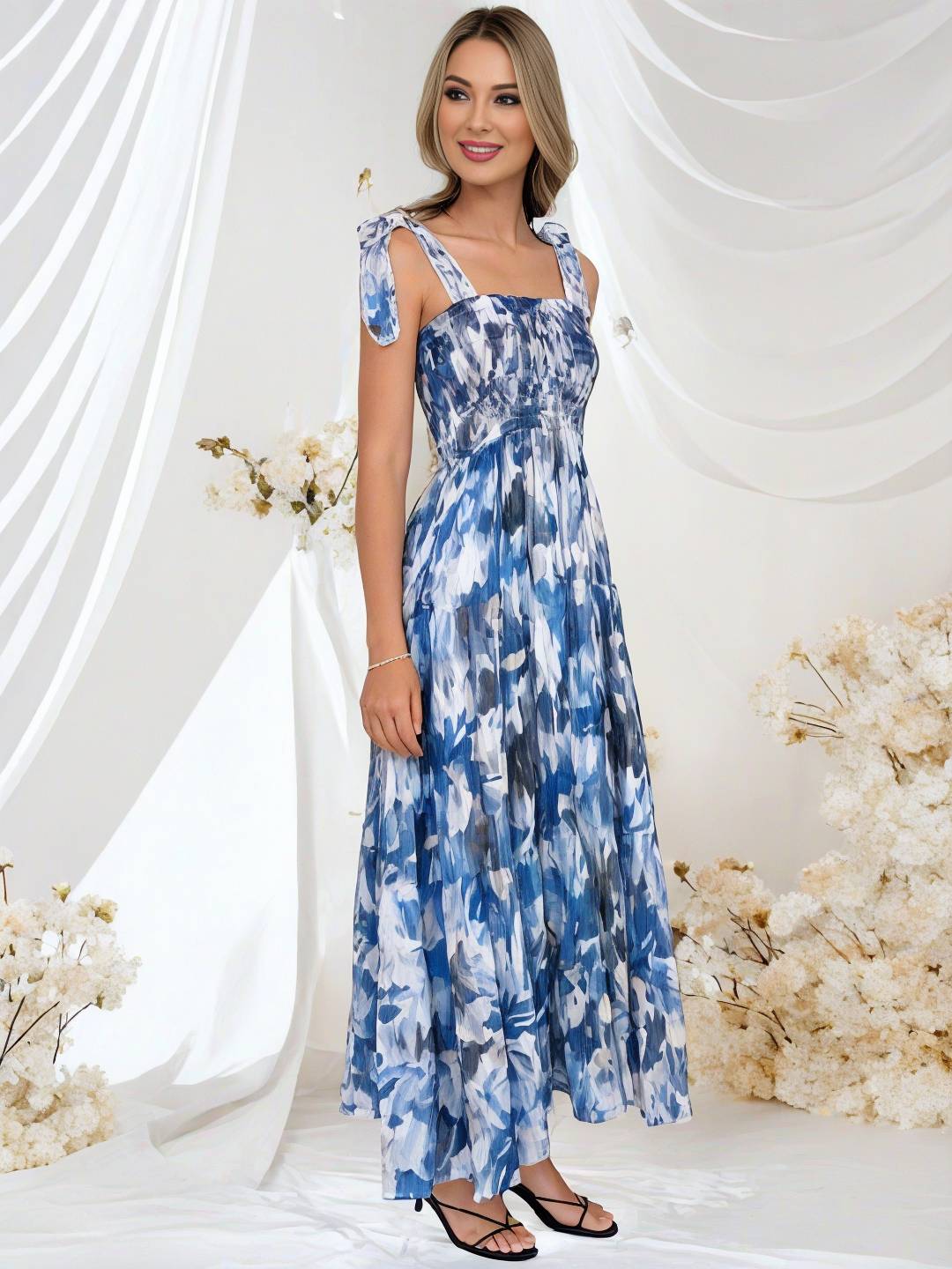 Cocolii robe bohème robe longue imprimé à fleurie à volantée fluide nœud à fines brides casual doux décontracté femme robe de plage