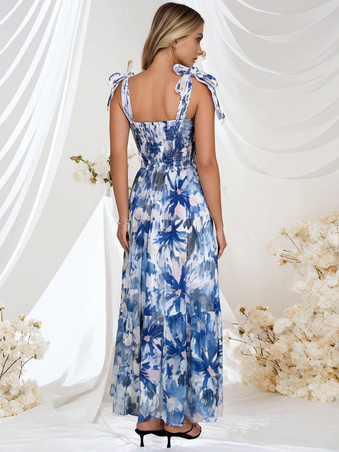 Cocolii robe bohème robe longue imprimé à fleurie à volantée fluide nœud à fines brides casual doux décontracté femme robe de plage