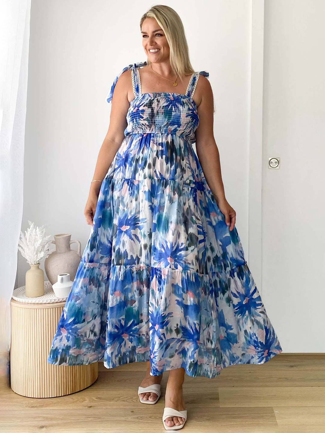 Cocolii robe bohème robe longue imprimé à fleurie à volantée fluide nœud à fines brides casual doux décontracté femme robe de plage