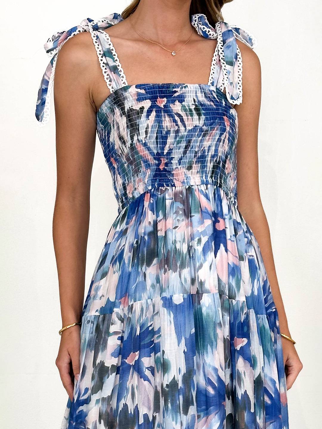 Cocolii robe bohème robe longue imprimé à fleurie à volantée fluide nœud à fines brides casual doux décontracté femme robe de plage