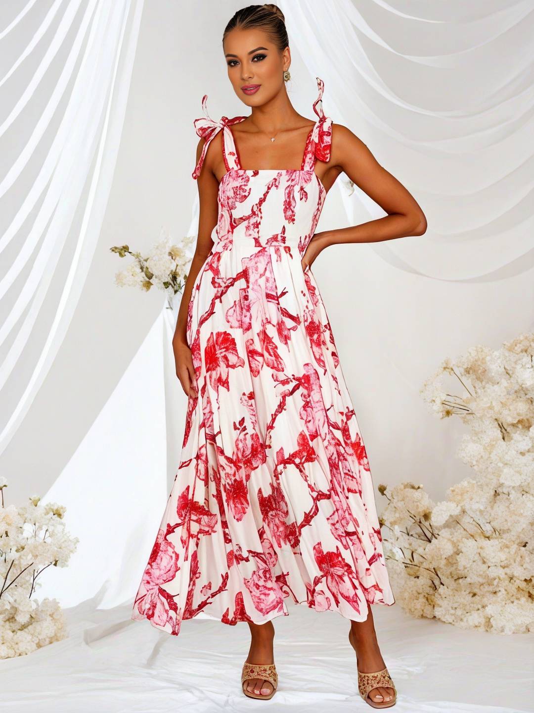 Cocolii robe bohème robe longue imprimé à fleurie à volantée fluide nœud à fines brides casual doux décontracté femme robe de plage