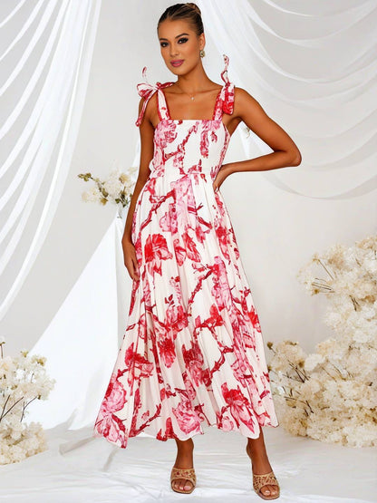 Cocolii robe bohème robe longue imprimé à fleurie à volantée fluide nœud à fines brides casual doux décontracté femme robe de plage