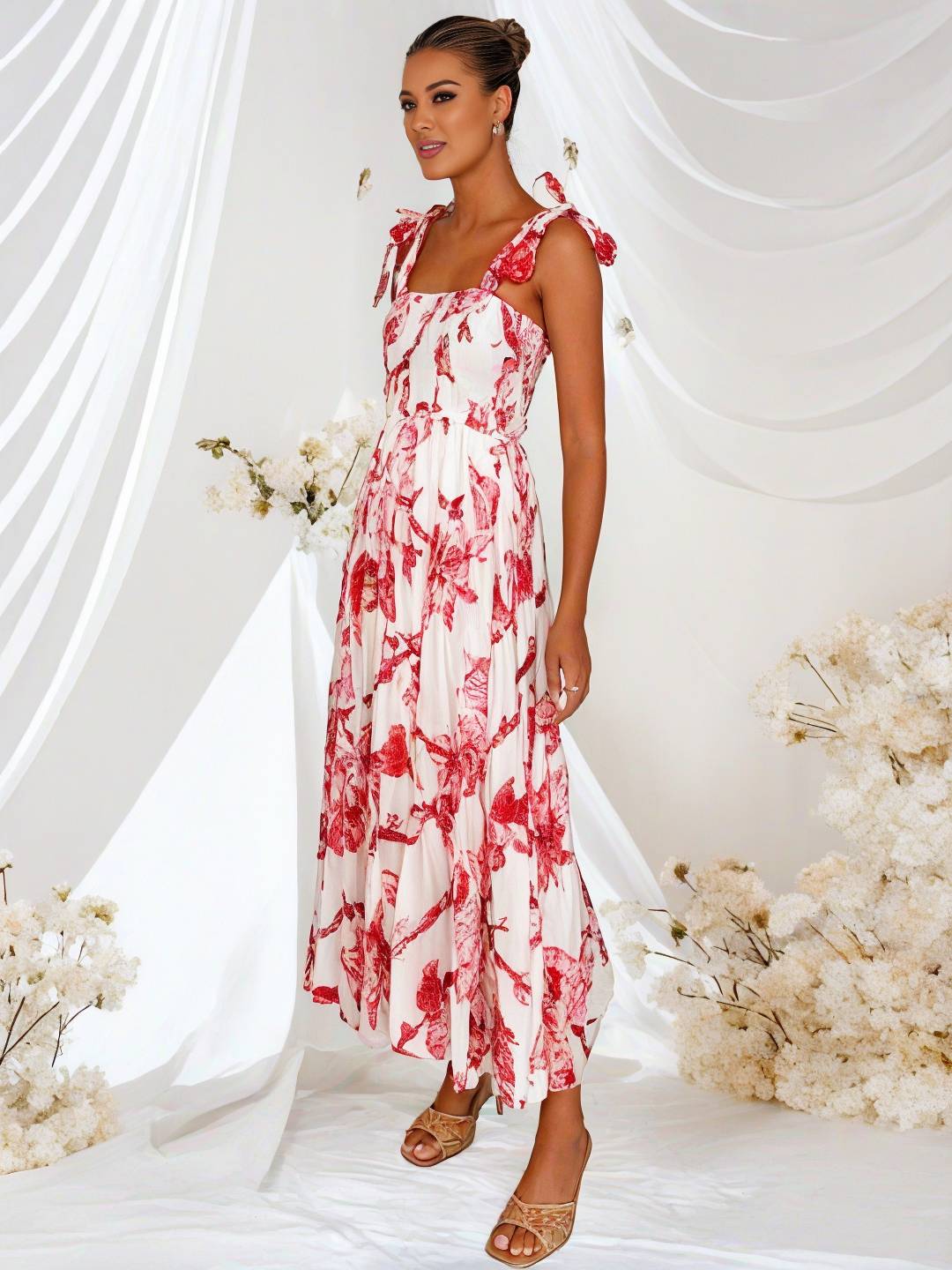 Cocolii robe bohème robe longue imprimé à fleurie à volantée fluide nœud à fines brides casual doux décontracté femme robe de plage