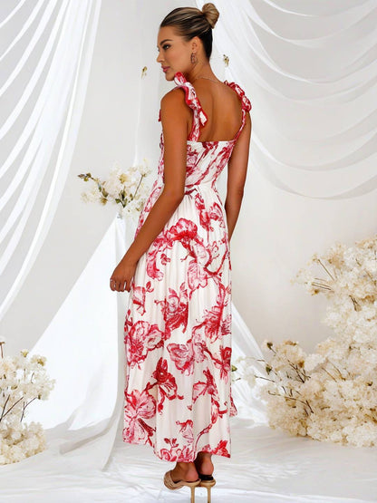 Cocolii robe bohème robe longue imprimé à fleurie à volantée fluide nœud à fines brides casual doux décontracté femme robe de plage