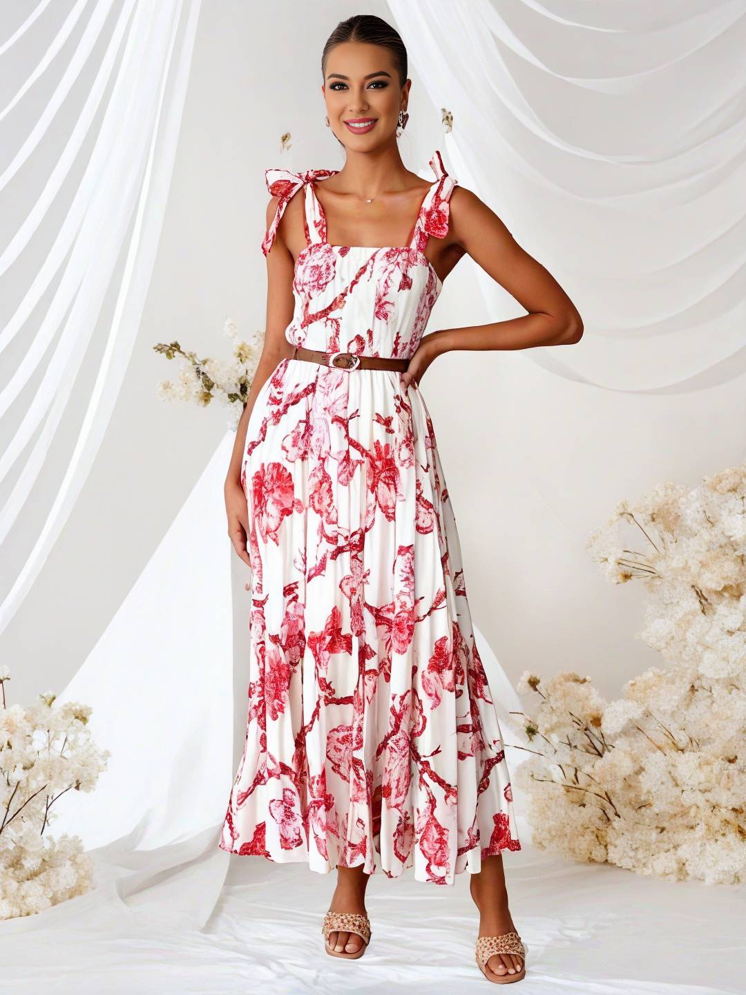 Cocolii robe bohème robe longue imprimé à fleurie à volantée fluide nœud à fines brides casual doux décontracté femme robe de plage