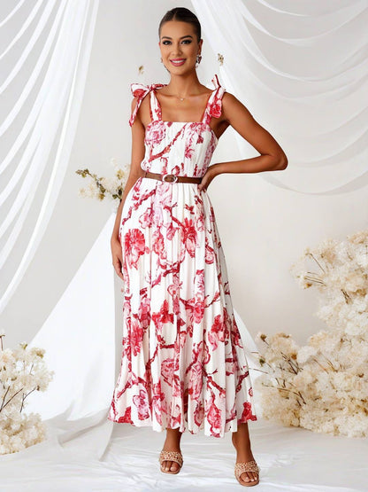 Cocolii robe bohème robe longue imprimé à fleurie à volantée fluide nœud à fines brides casual doux décontracté femme robe de plage