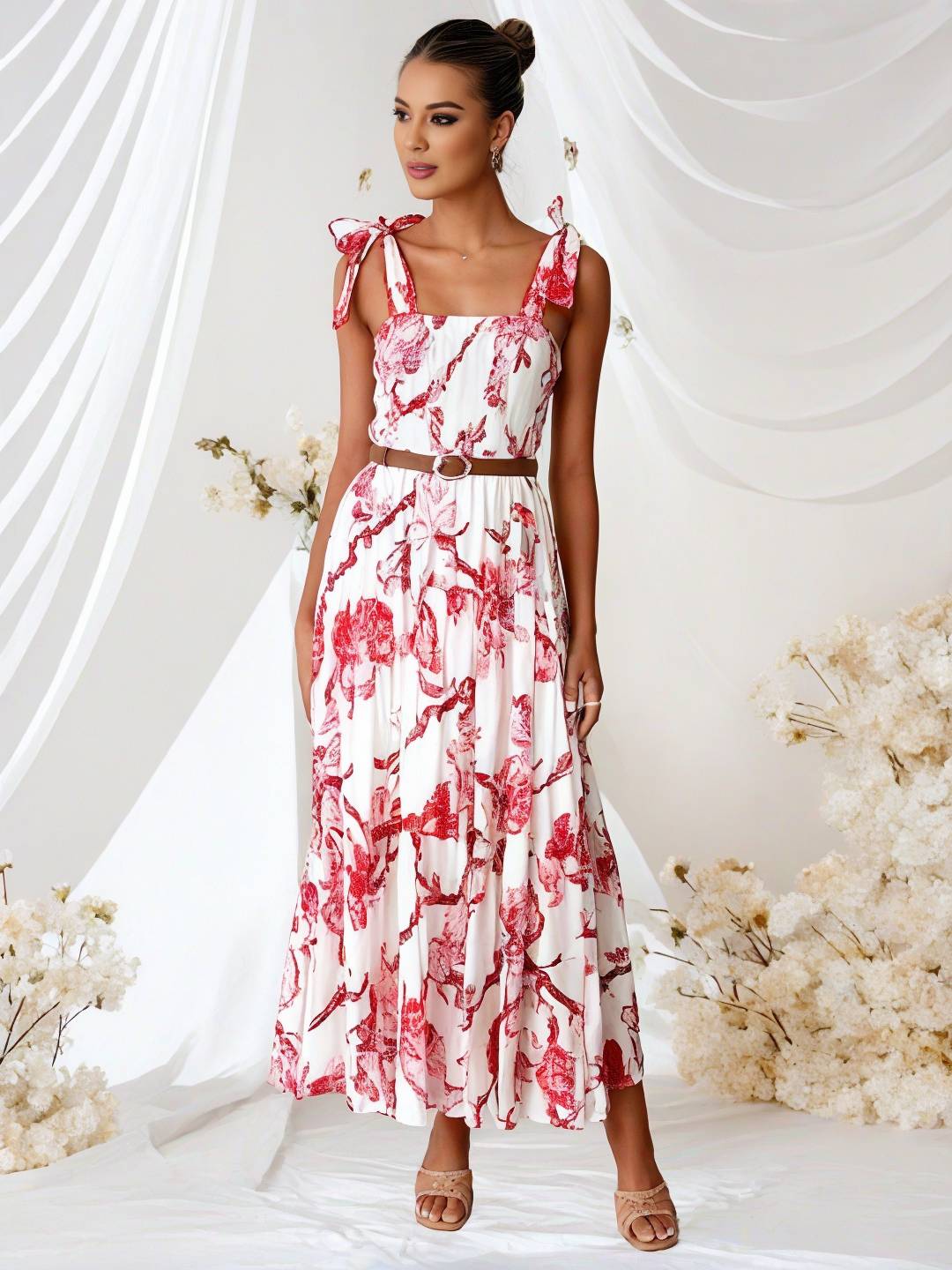 Cocolii robe bohème robe longue imprimé à fleurie à volantée fluide nœud à fines brides casual doux décontracté femme robe de plage