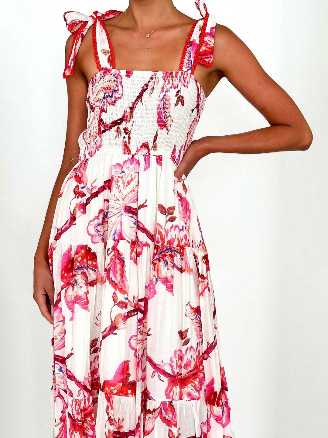 Cocolii robe bohème robe longue imprimé à fleurie à volantée fluide nœud à fines brides casual doux décontracté femme robe de plage