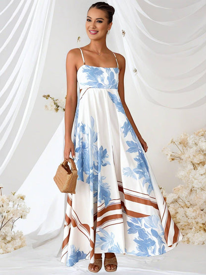 Cocolii robe longue de vacances imprimé à fleurie fluide dos nu à fines brides col carré sans manches bohème décontracté de plage