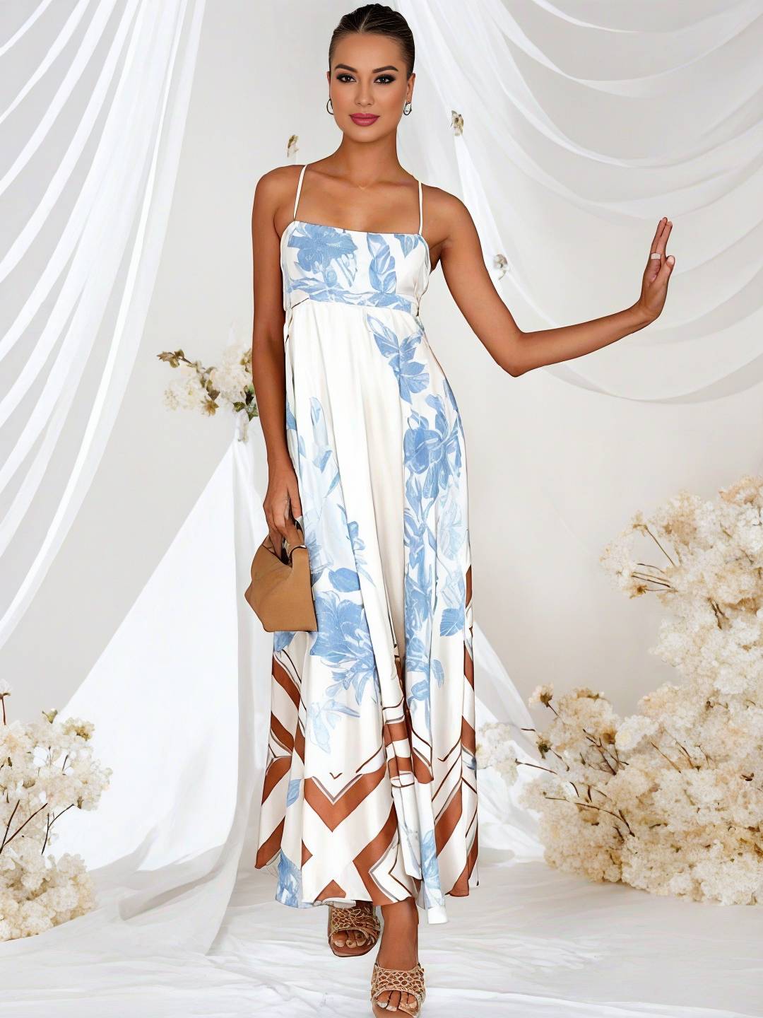 Cocolii robe longue de vacances imprimé à fleurie fluide dos nu à fines brides col carré sans manches bohème décontracté de plage