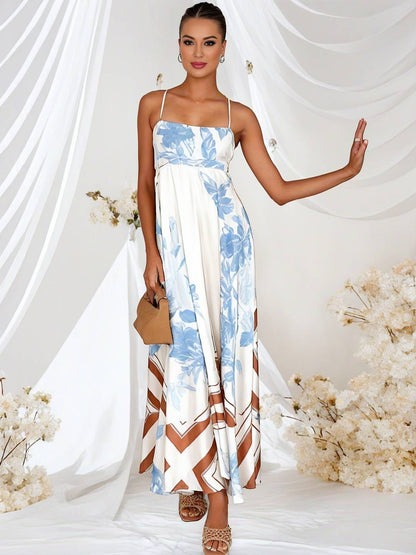 Cocolii robe longue de vacances imprimé à fleurie fluide dos nu à fines brides col carré sans manches bohème décontracté de plage