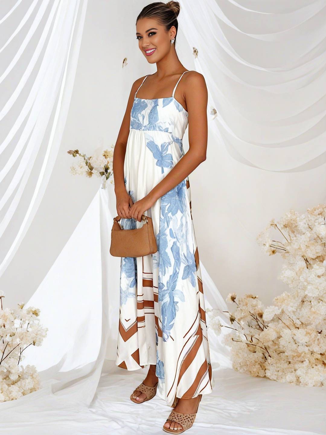 Cocolii robe longue de vacances imprimé à fleurie fluide dos nu à fines brides col carré sans manches bohème décontracté de plage