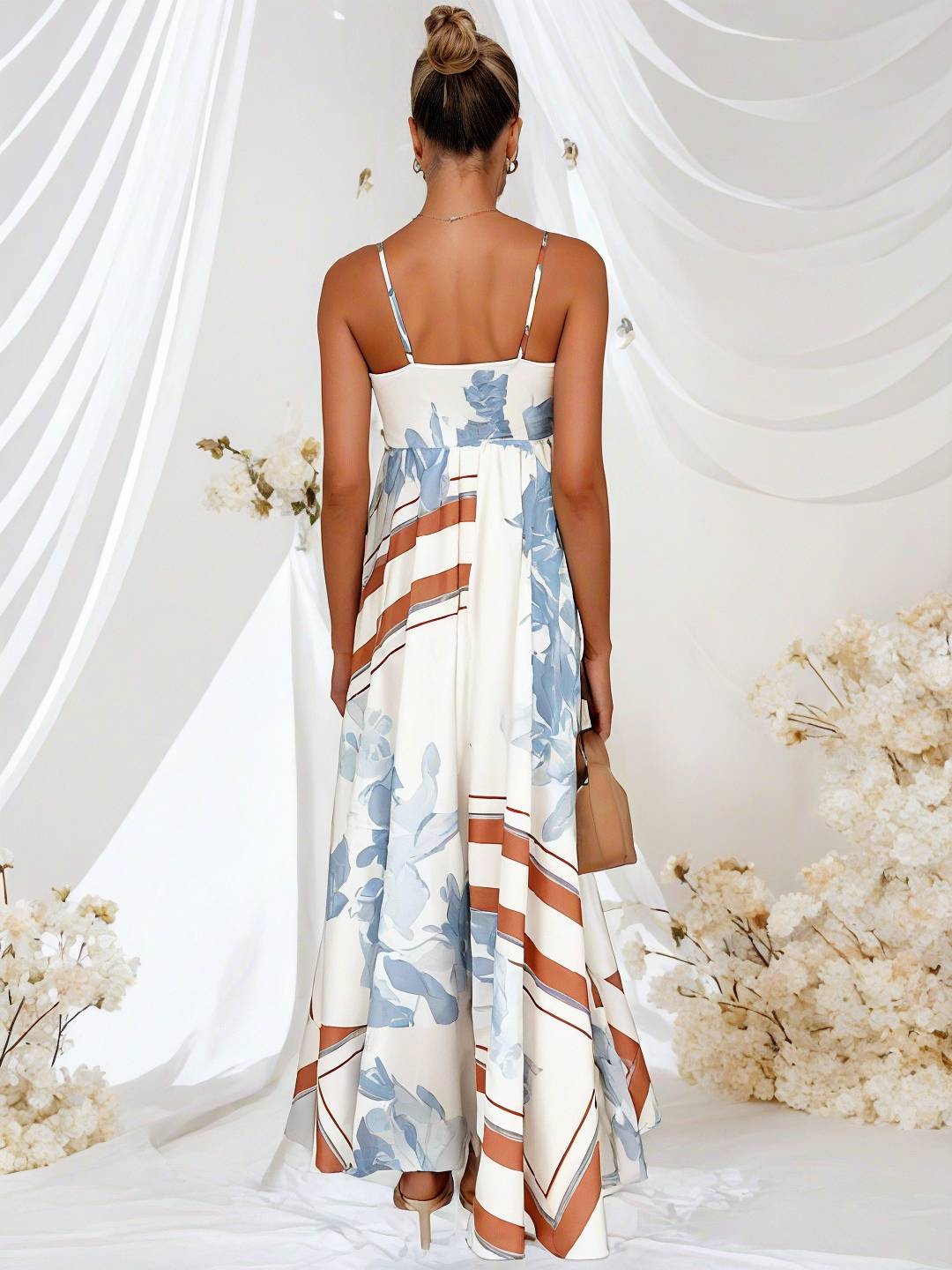 Cocolii robe longue de vacances imprimé à fleurie fluide dos nu à fines brides col carré sans manches bohème décontracté de plage