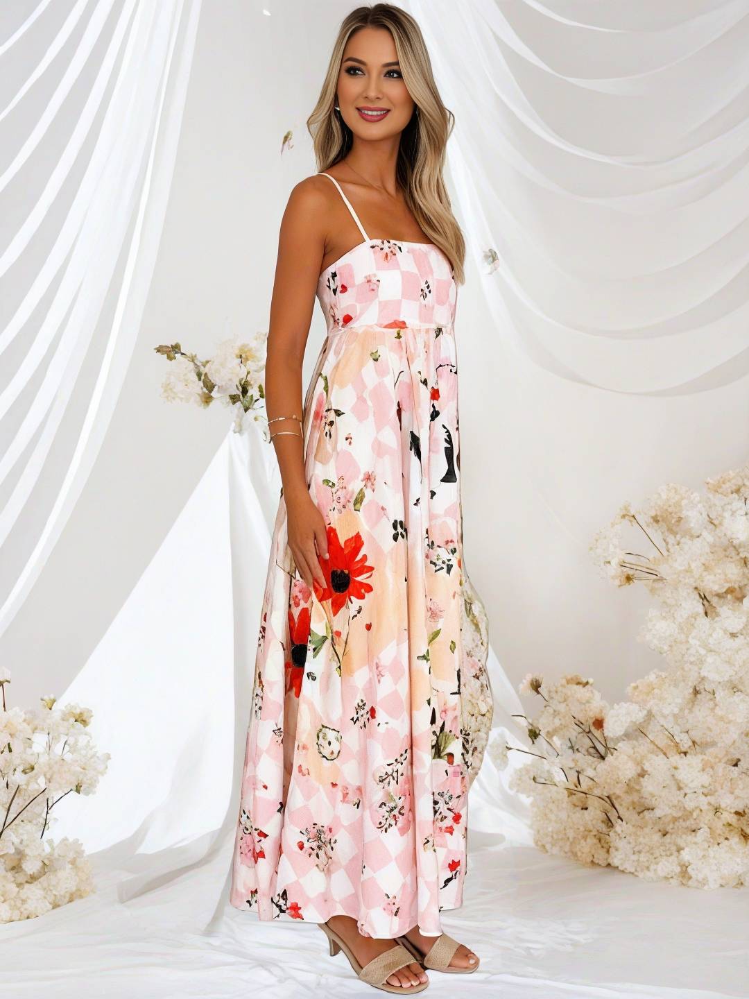 Cocolii robe longue de vacances imprimé à fleurie fluide dos nu à fines brides col carré sans manches bohème décontracté de plage