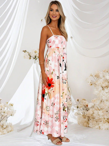 Cocolii robe longue de vacances imprimé à fleurie fluide dos nu à fines brides col carré sans manches bohème décontracté de plage