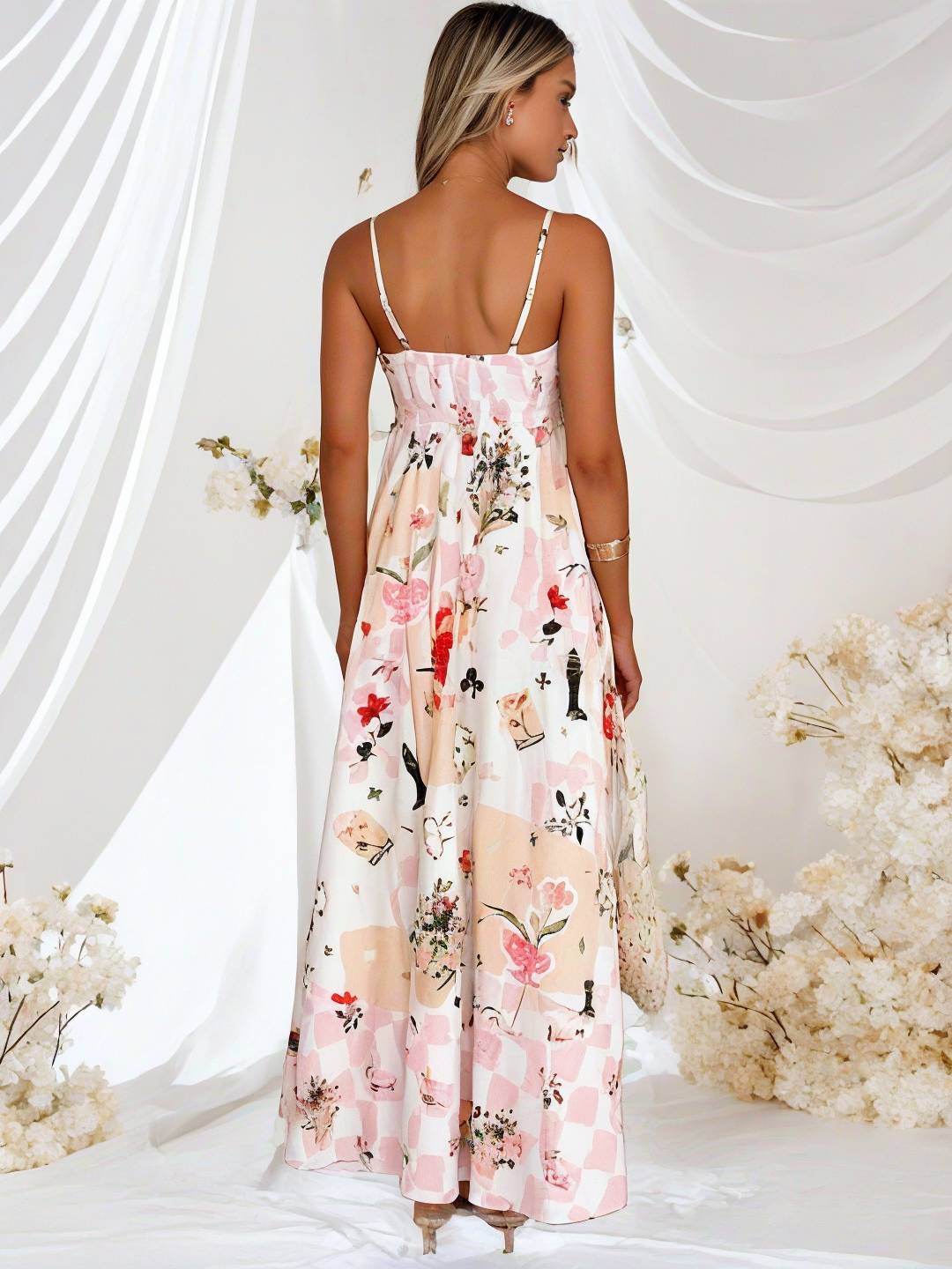 Cocolii robe longue de vacances imprimé à fleurie fluide dos nu à fines brides col carré sans manches bohème décontracté de plage