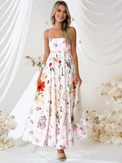 Cocolii robe longue de vacances imprimé à fleurie fluide dos nu à fines brides col carré sans manches bohème décontracté de plage