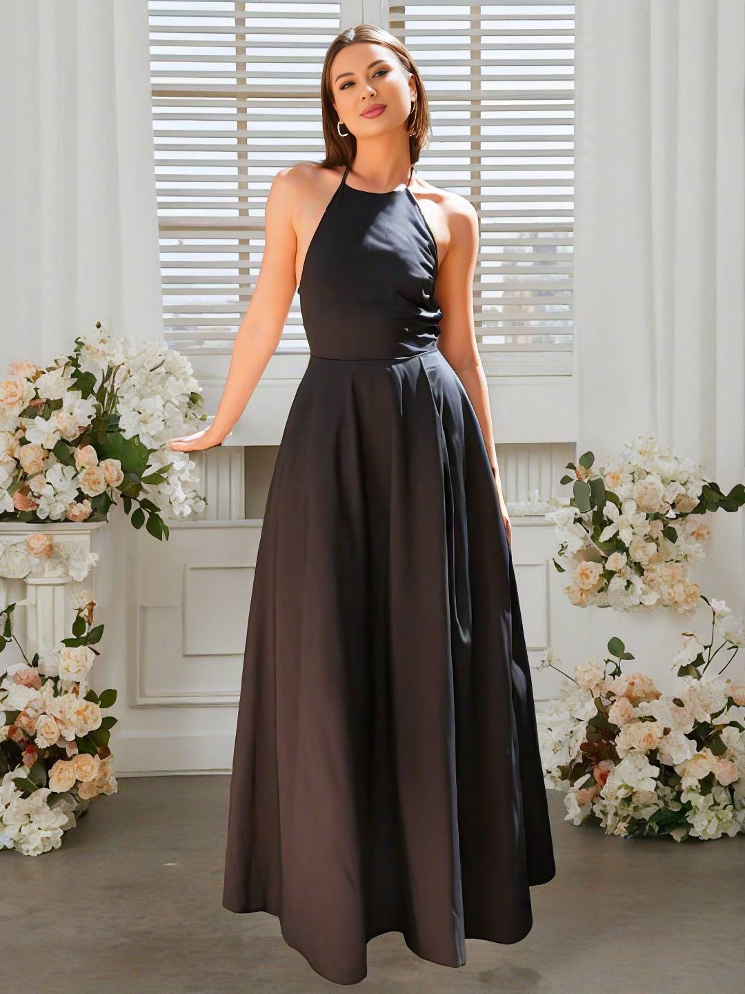 Cocolii robe longue licou à fines brides fluide poche dos nu sans manches femme élégant décontracté vintage bal de promo