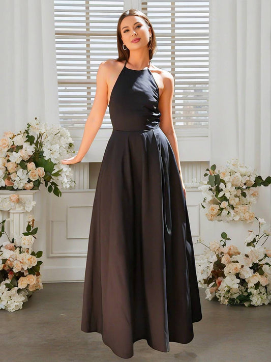 Cocolii robe longue licou à fines brides fluide poche dos nu sans manches femme élégant décontracté vintage bal de promo