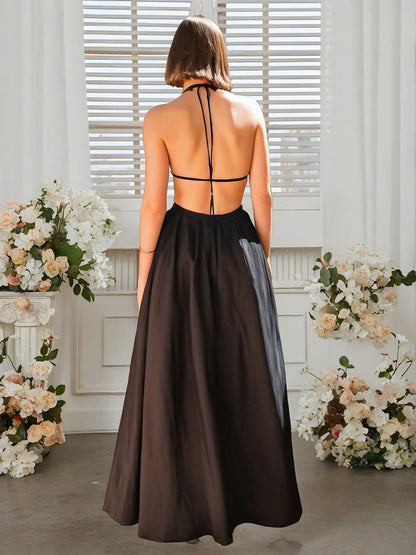 Cocolii robe longue licou à fines brides fluide poche dos nu sans manches femme élégant décontracté vintage bal de promo