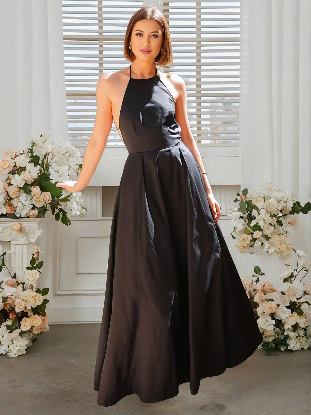 Cocolii robe longue licou à fines brides fluide poche dos nu sans manches femme élégant décontracté vintage bal de promo