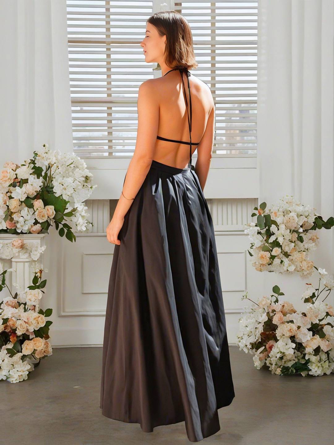 Cocolii robe longue licou à fines brides fluide poche dos nu sans manches femme élégant décontracté vintage bal de promo
