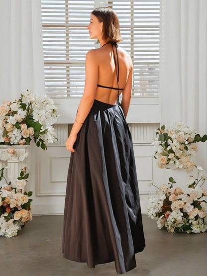 Cocolii robe longue licou à fines brides fluide poche dos nu sans manches femme élégant décontracté vintage bal de promo