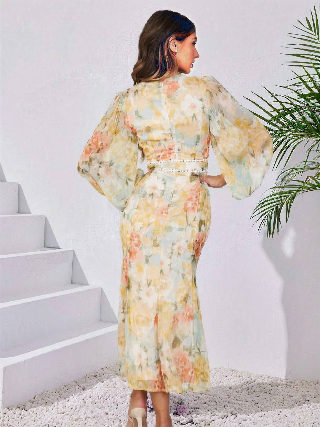 Cocolii robe longue mousseline imprimé à fleurie irrégulière swallowtail v-cou manches longues femme boho