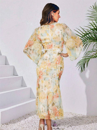 Cocolii robe longue mousseline imprimé à fleurie irrégulière swallowtail v-cou manches longues femme boho