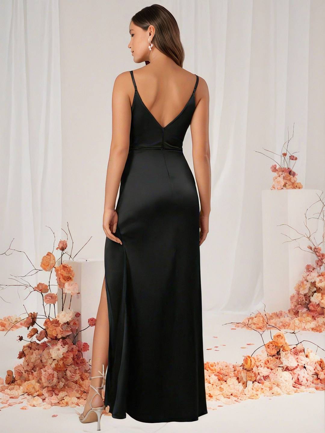 Cocolii robe demoiselle d'honneur robe en satin v-cou fendu dos nu sans manches femme de soirée invité mariage