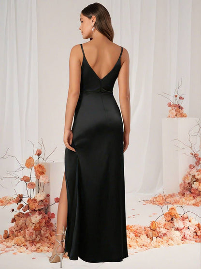 Cocolii robe demoiselle d'honneur robe en satin v-cou fendu dos nu sans manches femme de soirée invité mariage