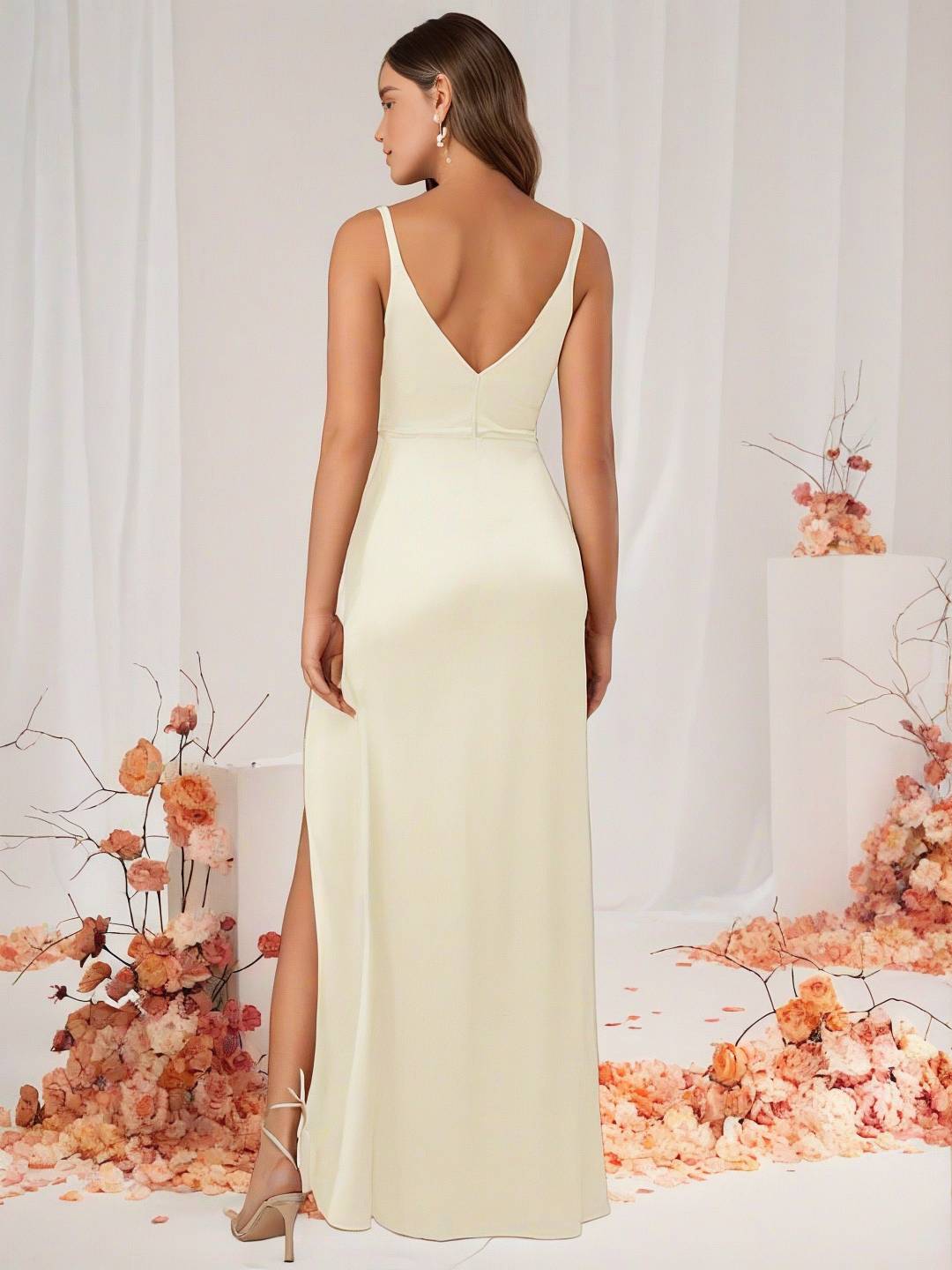 Cocolii robe demoiselle d'honneur robe en satin v-cou fendu dos nu sans manches femme de soirée invité mariage