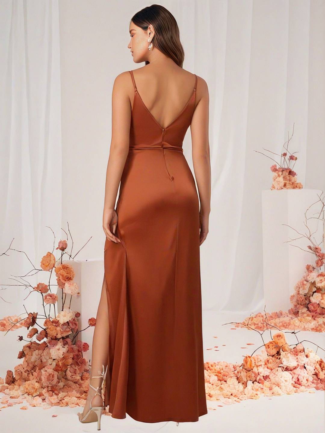 Cocolii robe demoiselle d'honneur robe en satin v-cou fendu dos nu sans manches femme de soirée invité mariage