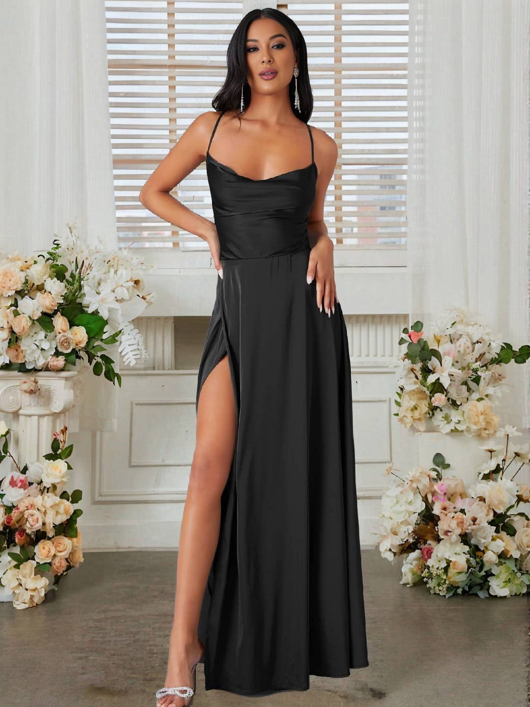 Cocolii robe longue en satin fendu le côté dos nu à fines brides sans manches femme élégant de soirée pour mariage cérémonie