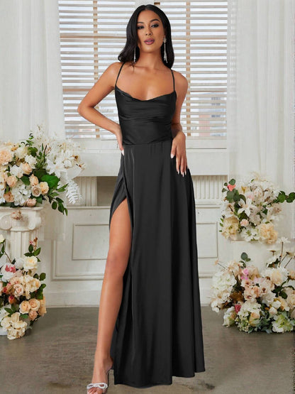 Cocolii robe longue en satin fendu le côté dos nu à fines brides sans manches femme élégant de soirée pour mariage cérémonie