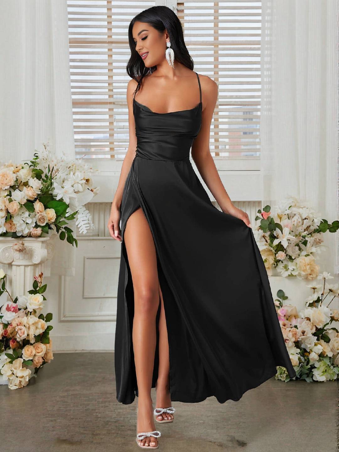 Cocolii robe longue en satin fendu le côté dos nu à fines brides sans manches femme élégant de soirée pour mariage cérémonie