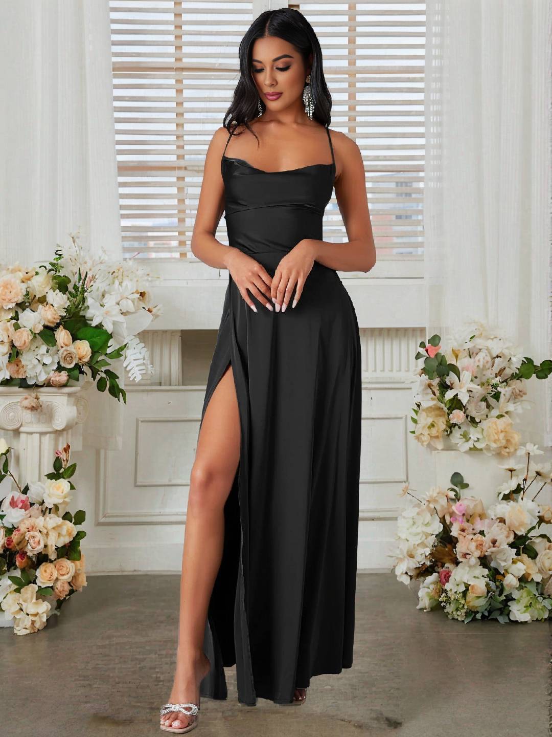 Cocolii robe longue en satin fendu le côté dos nu à fines brides sans manches femme élégant de soirée pour mariage cérémonie