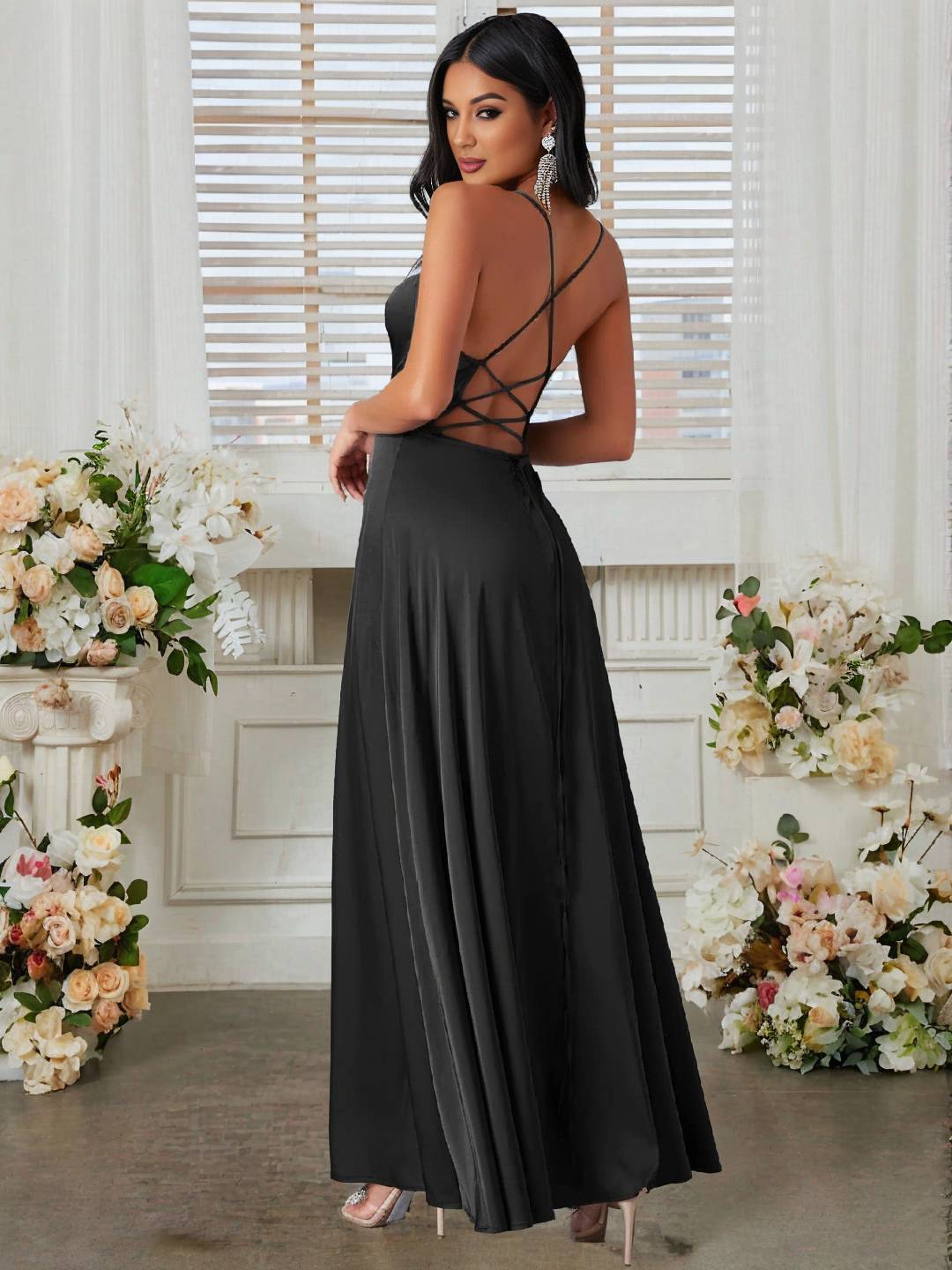 Cocolii robe longue en satin fendu le côté dos nu à fines brides sans manches femme élégant de soirée pour mariage cérémonie