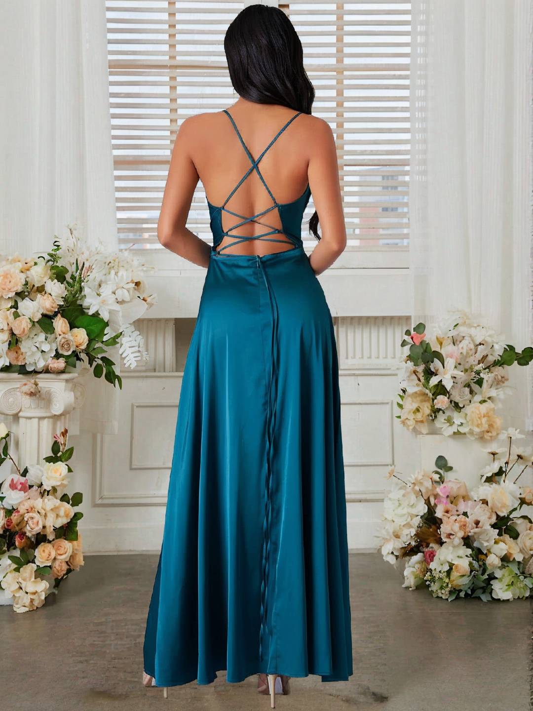 Cocolii robe longue en satin fendu le côté dos nu à fines brides sans manches femme élégant de soirée pour mariage cérémonie