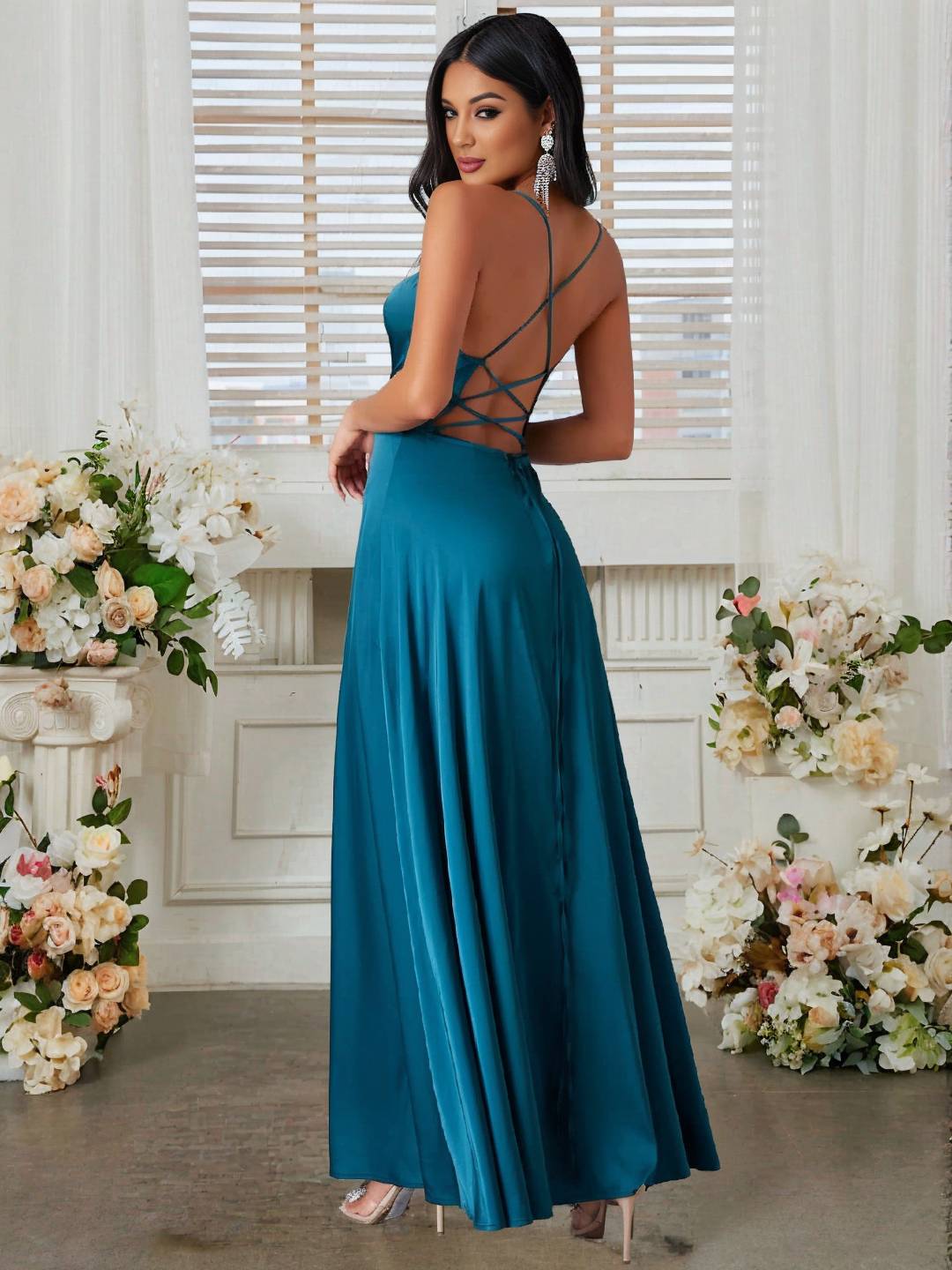 Cocolii robe longue en satin fendu le côté dos nu à fines brides sans manches femme élégant de soirée pour mariage cérémonie