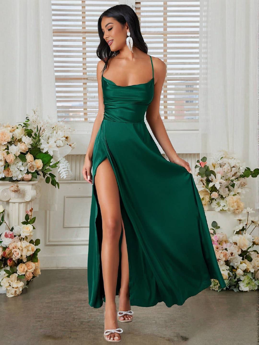 Cocolii robe longue en satin fendu le côté dos nu à fines brides sans manches femme élégant de soirée pour mariage cérémonie