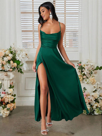 Cocolii robe longue en satin fendu le côté dos nu à fines brides sans manches femme élégant de soirée pour mariage cérémonie