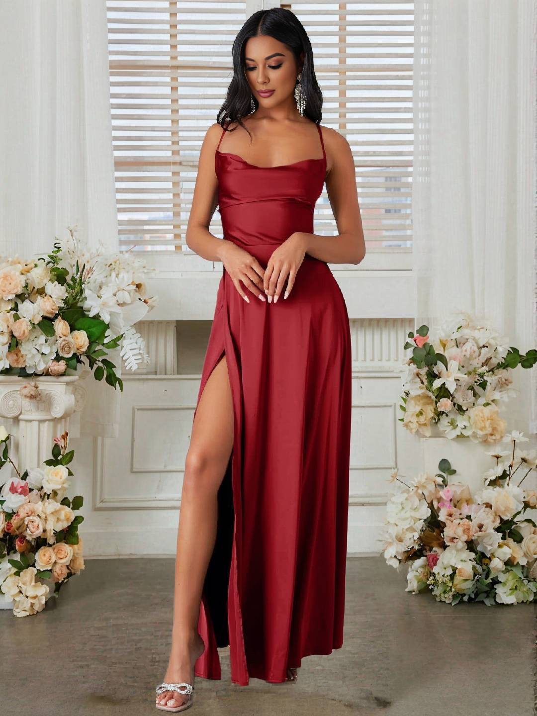 Cocolii robe longue en satin fendu le côté dos nu à fines brides sans manches femme élégant de soirée pour mariage cérémonie