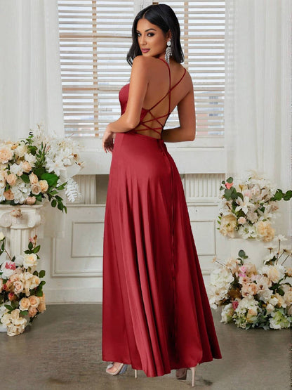 Cocolii robe longue en satin fendu le côté dos nu à fines brides sans manches femme élégant de soirée pour mariage cérémonie