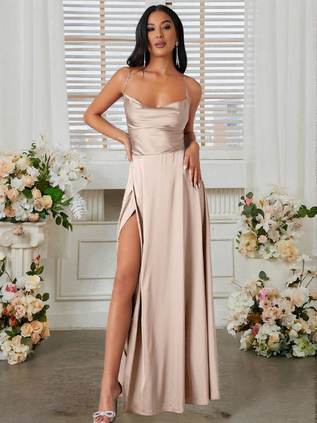 Cocolii robe longue en satin fendu le côté dos nu à fines brides sans manches femme élégant de soirée pour mariage cérémonie