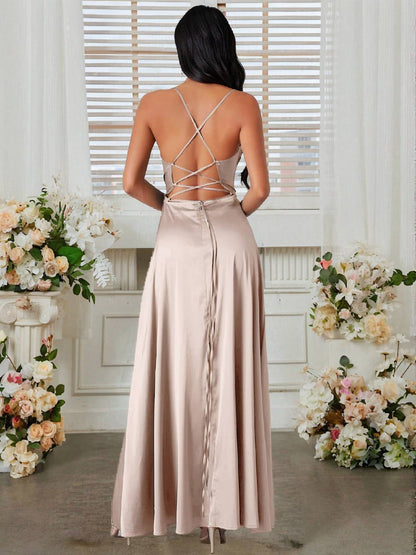 Cocolii robe longue en satin fendu le côté dos nu à fines brides sans manches femme élégant de soirée pour mariage cérémonie