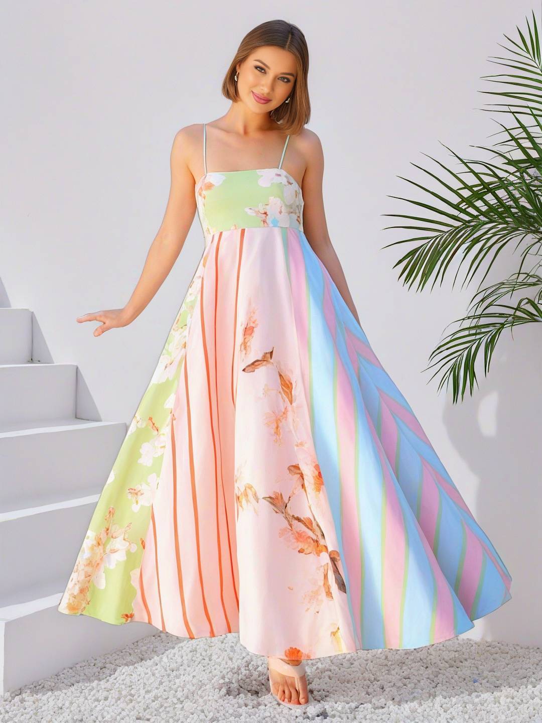 Cocolii robe longue de vacances rayé fleurie à fines brides sans manches femme élégant mignon décontracté